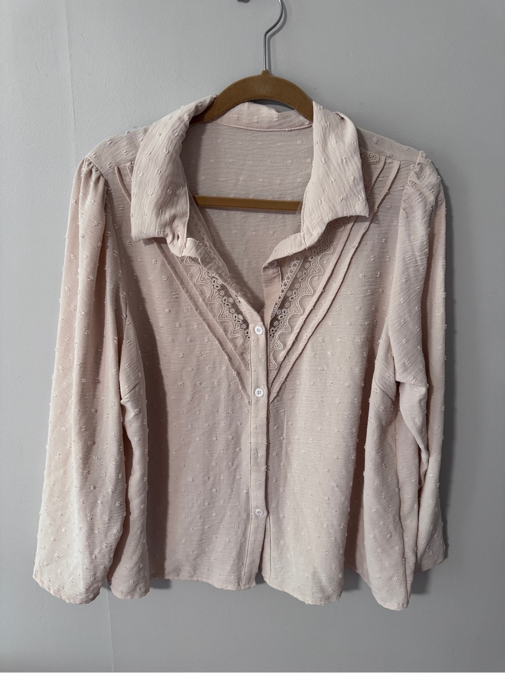 SHEIN Cream Textured Button-Down Blouse with Lace Trim